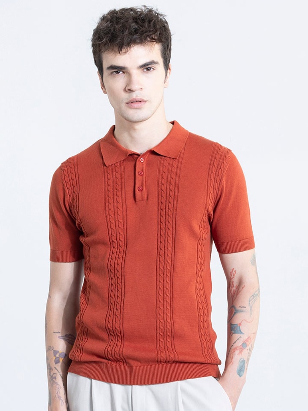 

Snitch Self Design Polo Collar Cotton Slim Fit T-shirt, Red