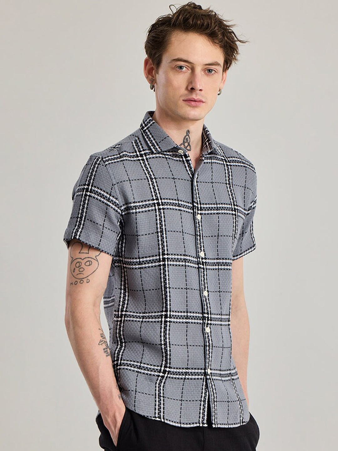 

Snitch Classic Checked Slim Fit Cotton Casual Shirt, Grey