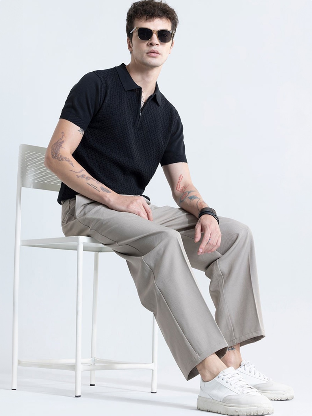 

Snitch Self Design Polo Collar Cotton Slim Fit T-shirt, Black