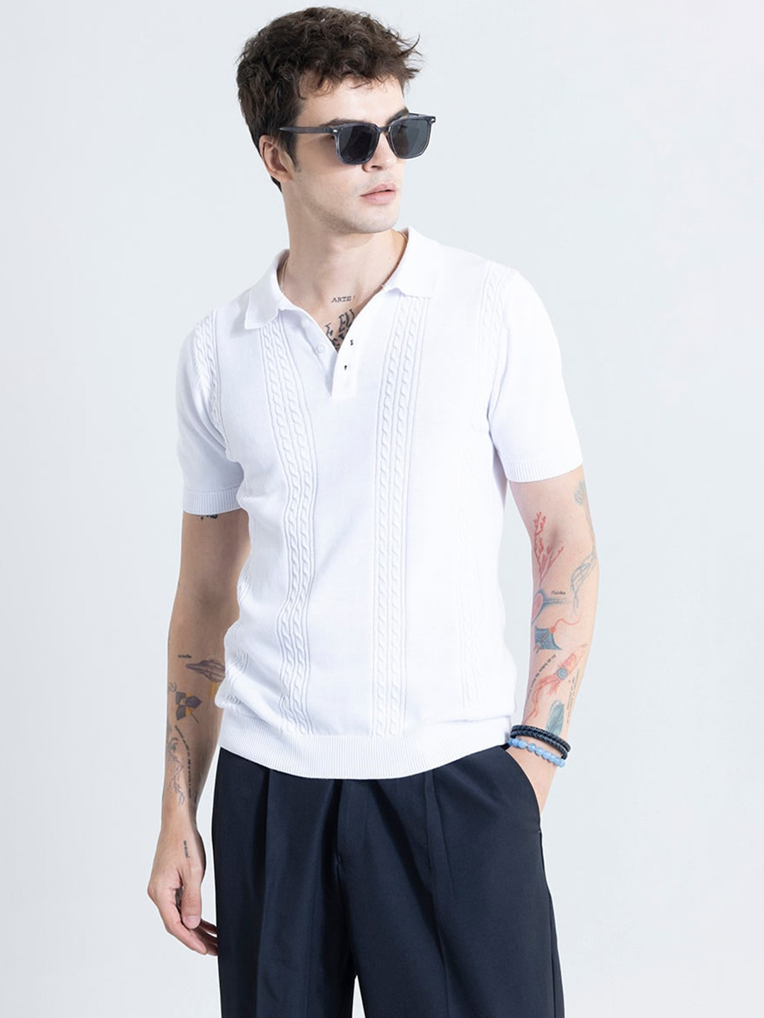 

Snitch Self Design Polo Collar Cotton Slim Fit T-shirt, White
