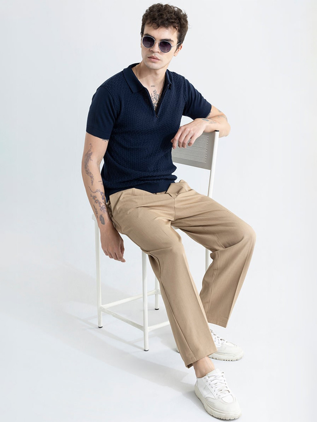

Snitch Self Design Polo Collar Cotton Slim Fit T-shirt, Navy blue