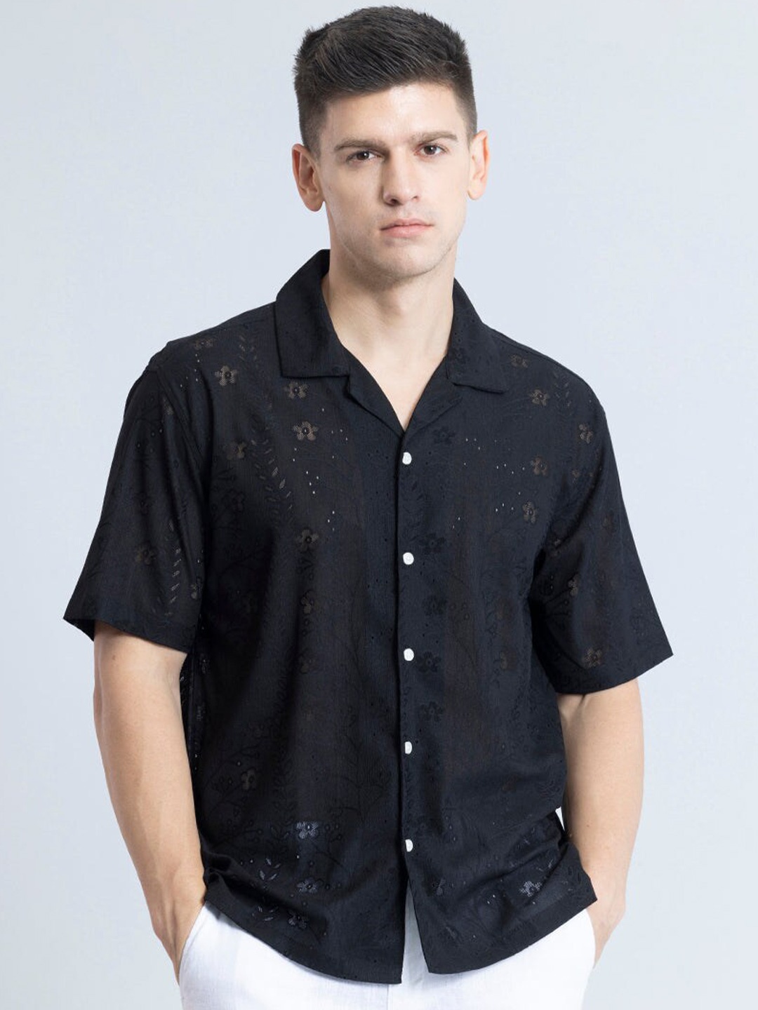 

Snitch Classic Floral Printed Spread Collar Casual Shirt, Black