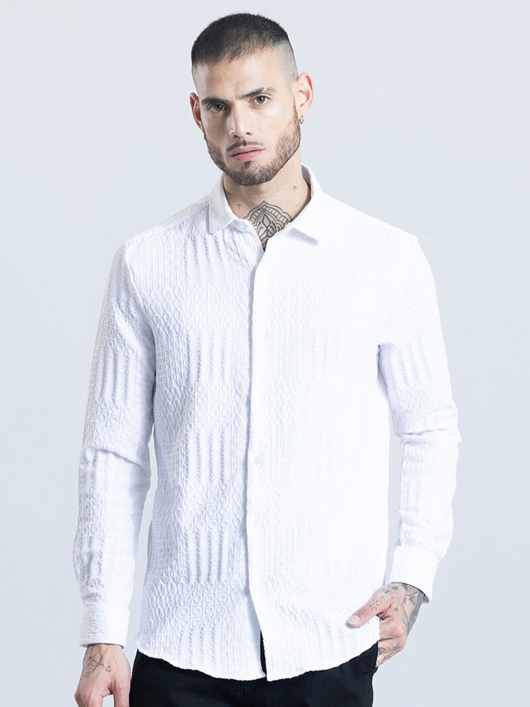 

Snitch Classic Self Design Textured Spread Collar Casual Shirt, White