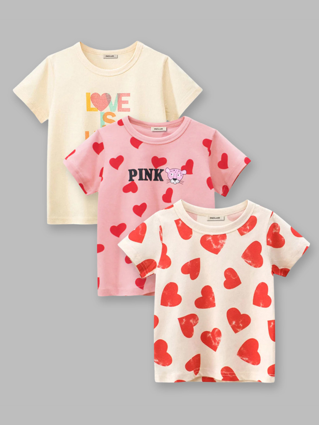 

INCLUD Girls Pack Of 3 Graphic Printed T-shirts, Pink