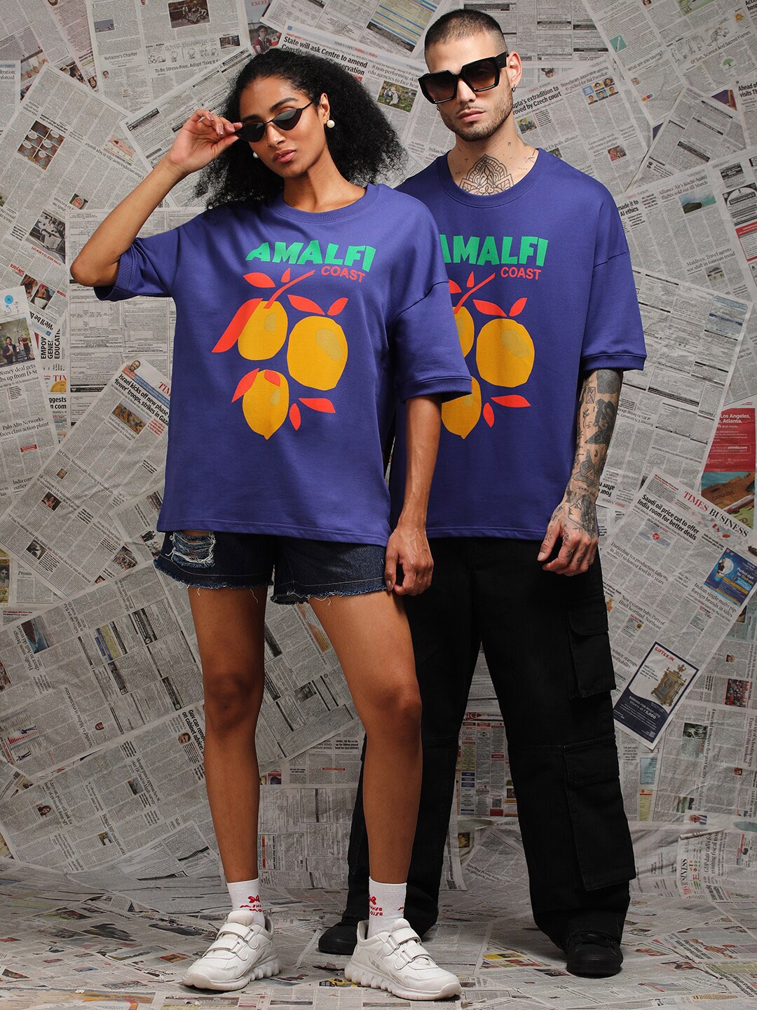 Dillinger Unisex Drop Shoulder Terry Cotton Oversized T Shirt, Navy blue