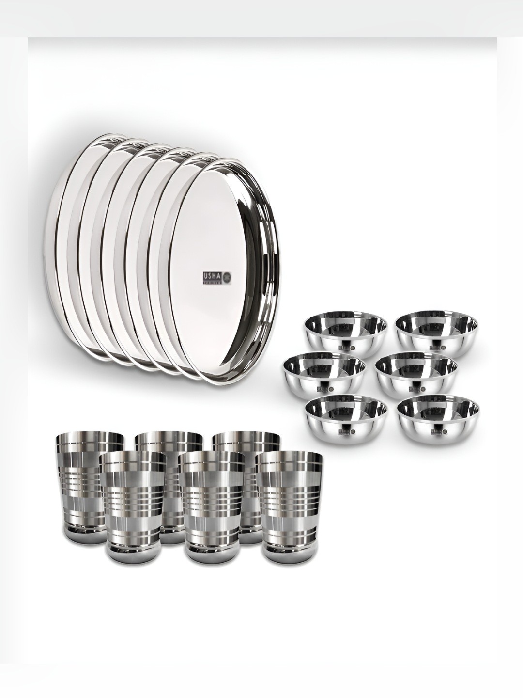

USHA SHRIRAM Silver-Toned 18 Pieces Stainless Steel Dinner Set