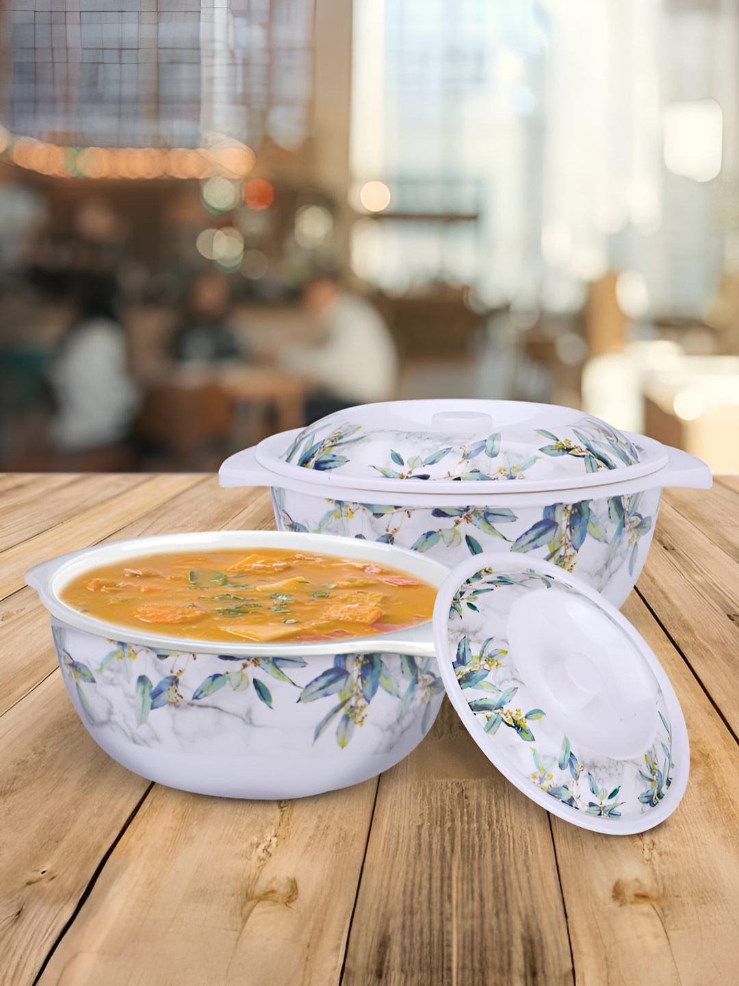

USHA SHRIRAM Blue 2 Pieces Floral Printed Serving Bowls with Lid