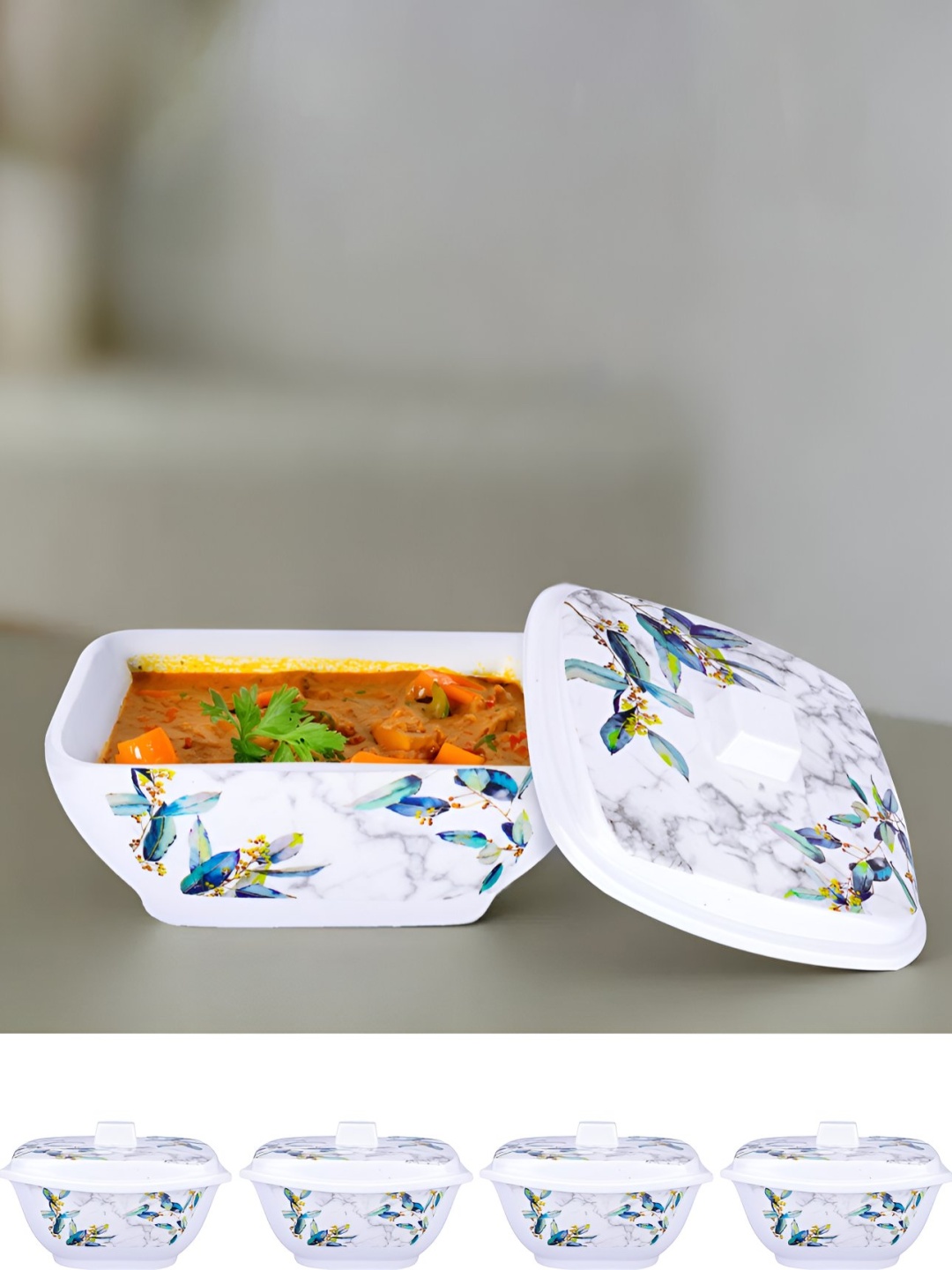 

USHA SHRIRAM Set of 4 Blue Floral Serving Bowls with Lid