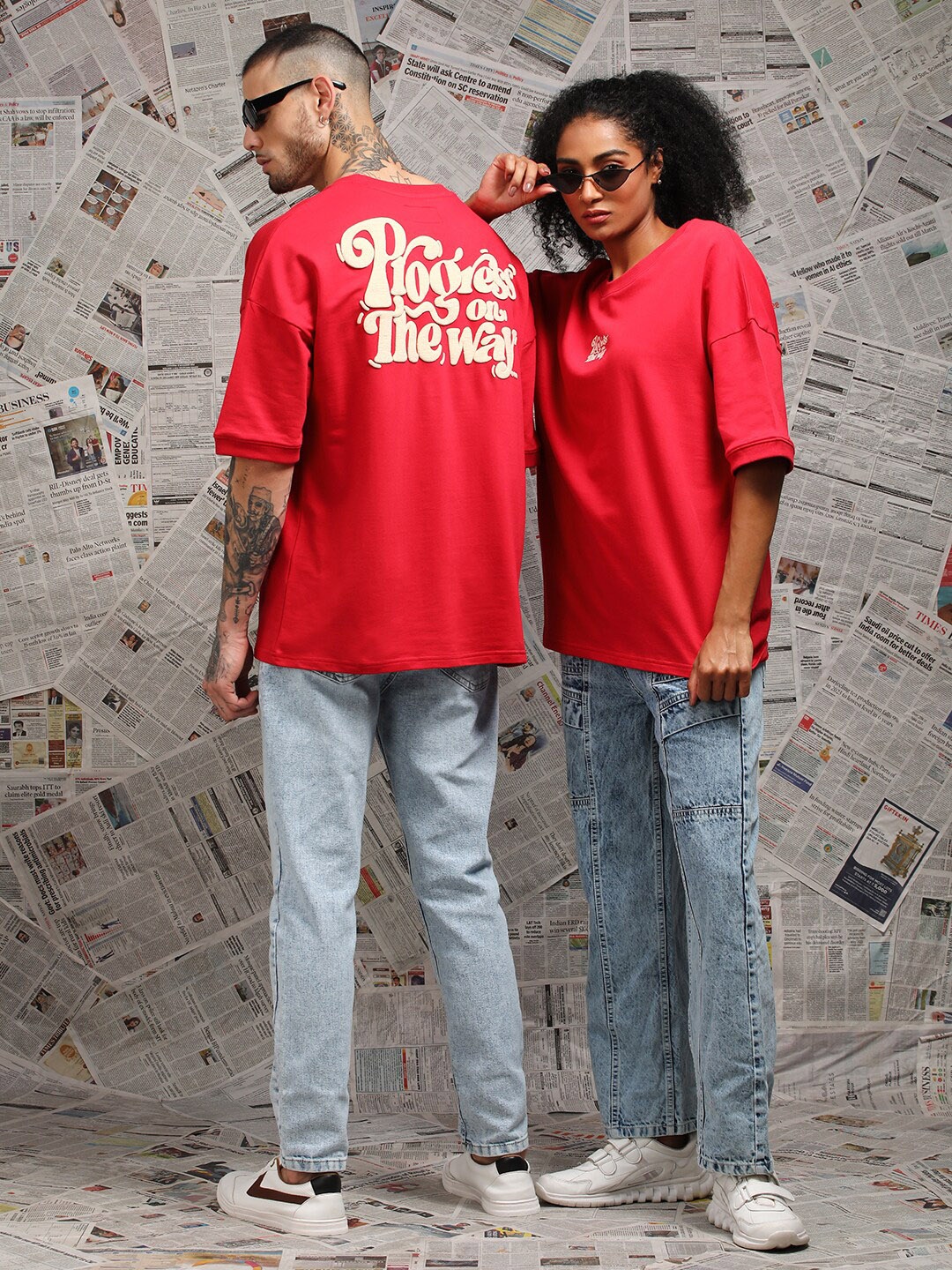 

Difference of Opinion Unisex Drop Shoulder Embossed Terry Cotton Oversized T Shirt, Red