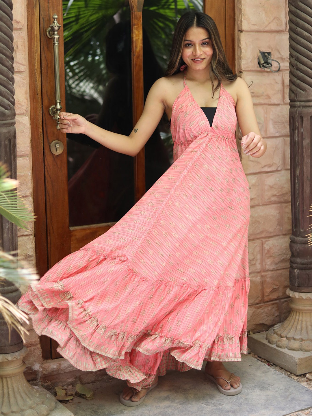 

Exotic India Floral Printed Halter Neck Maxi Dress, Pink