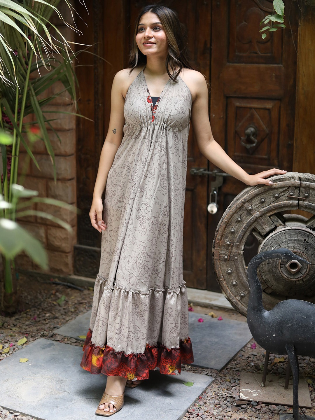 

Exotic India Floral Printed V- Neck Pure Silk Maxi Dress, Silver