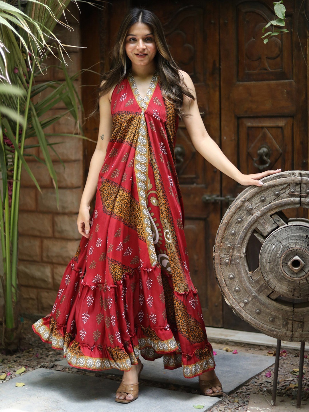 

Exotic India Halter Neck Floral Printed Fit and Flare Dress, Red