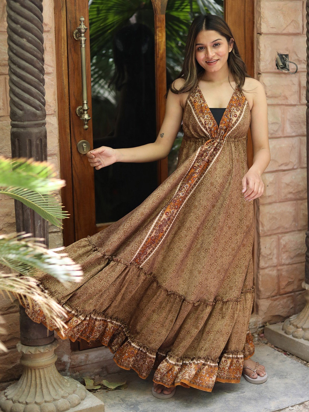 

Exotic India Floral Printed Shoulder Straps Pure Silk Maxi Dress, Brown
