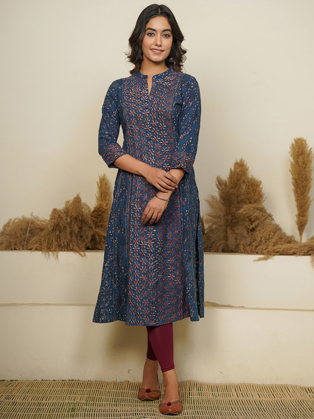 

JAIPURIBANNO Ethnic Motifs Printed Mandarin Collar Cotton A-Line Kurta, Blue