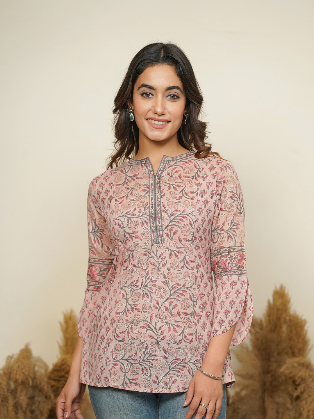 

JAIPURIBANNO Floral Print Mandarin Collar Cotton Top, Cream