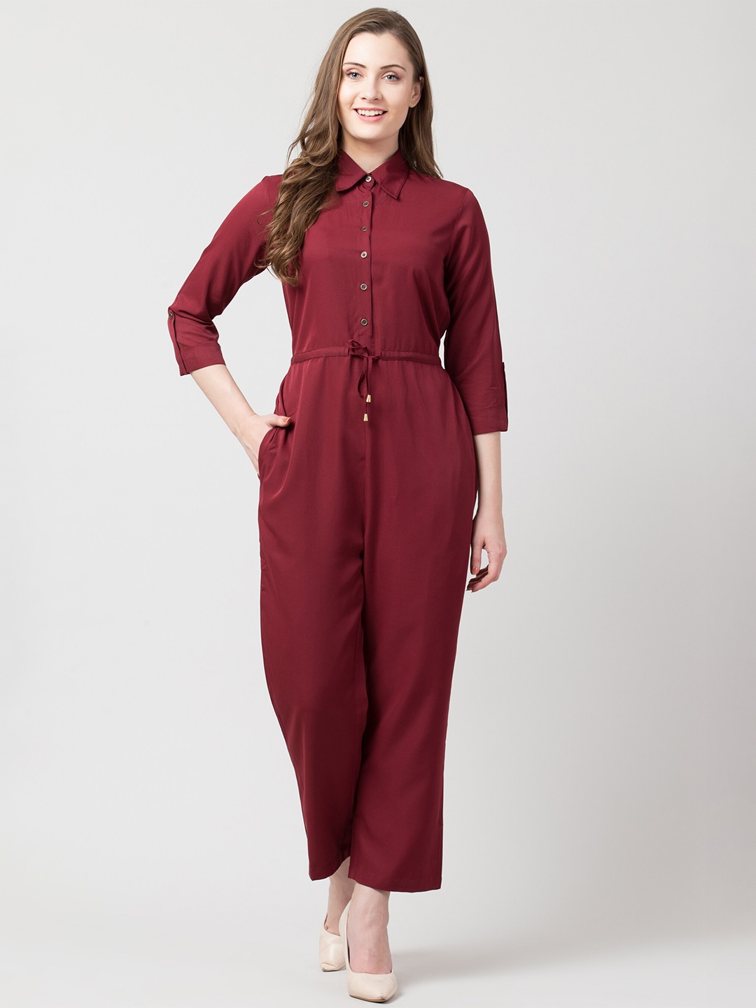 

Slenor Shirt Collar Basic Jumpsuit, Maroon