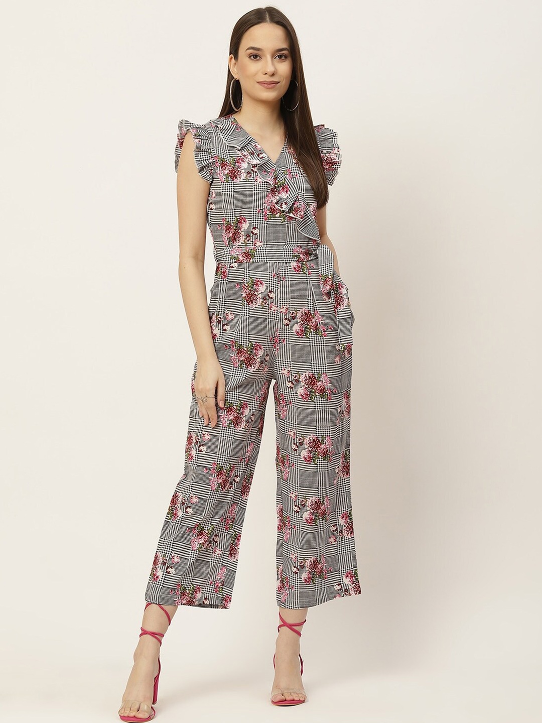 

Slenor Printed Basic Jumpsuit with Ruffles, Grey