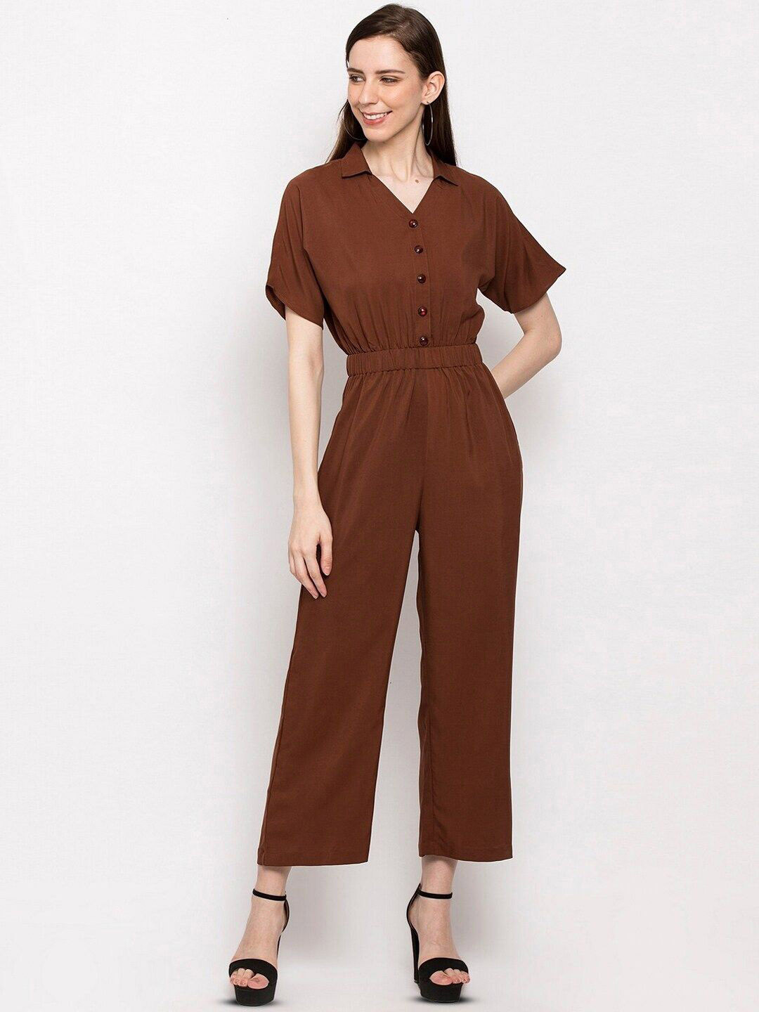 

Slenor Shirt Collar Basic Jumpsuit, Brown