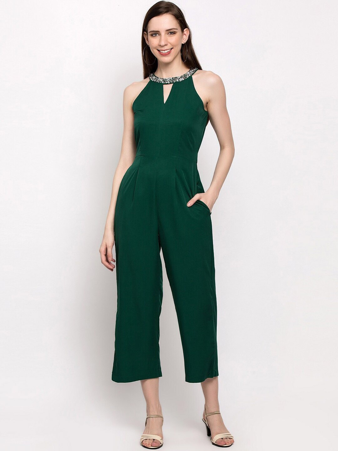 

Slenor Halter Neck Culotte Jumpsuit with Embellished, Green