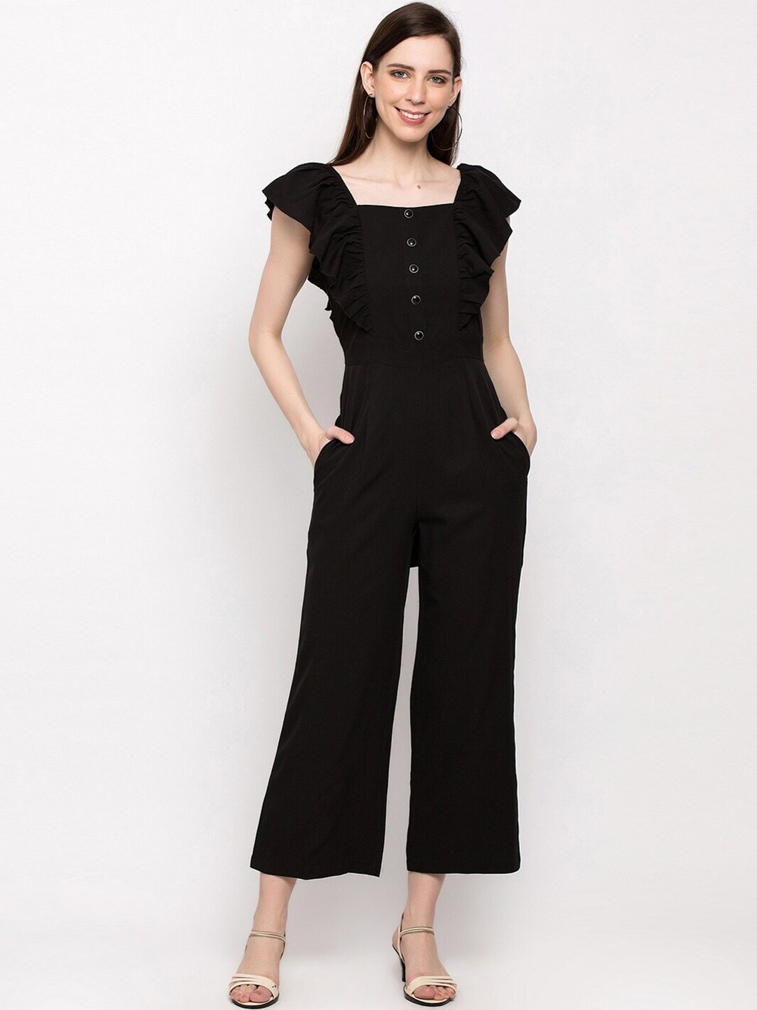 

Slenor Square Neck Ruffled Basic Jumpsuit, Green