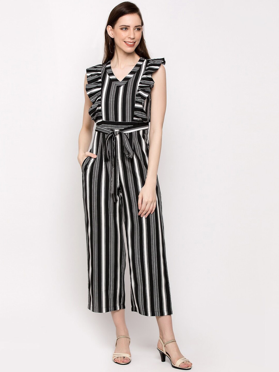 

Slenor Striped V-Neck Basic Jumpsuit, Black