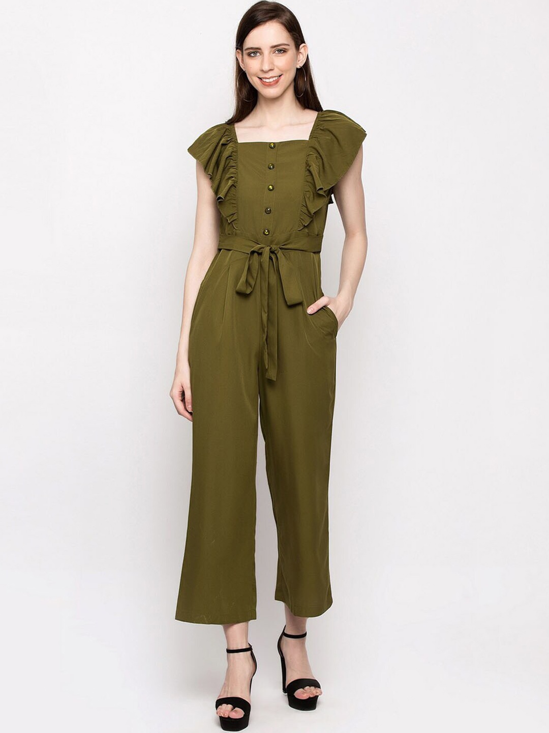 

Slenor Square Neck Ruffled Basic Jumpsuit, Olive