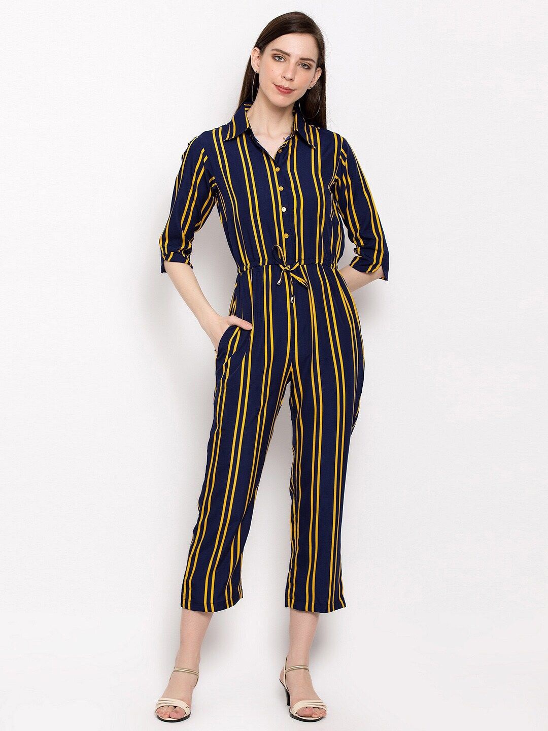 

Slenor Striped Shirt Collar Basic Jumpsuit, Navy blue