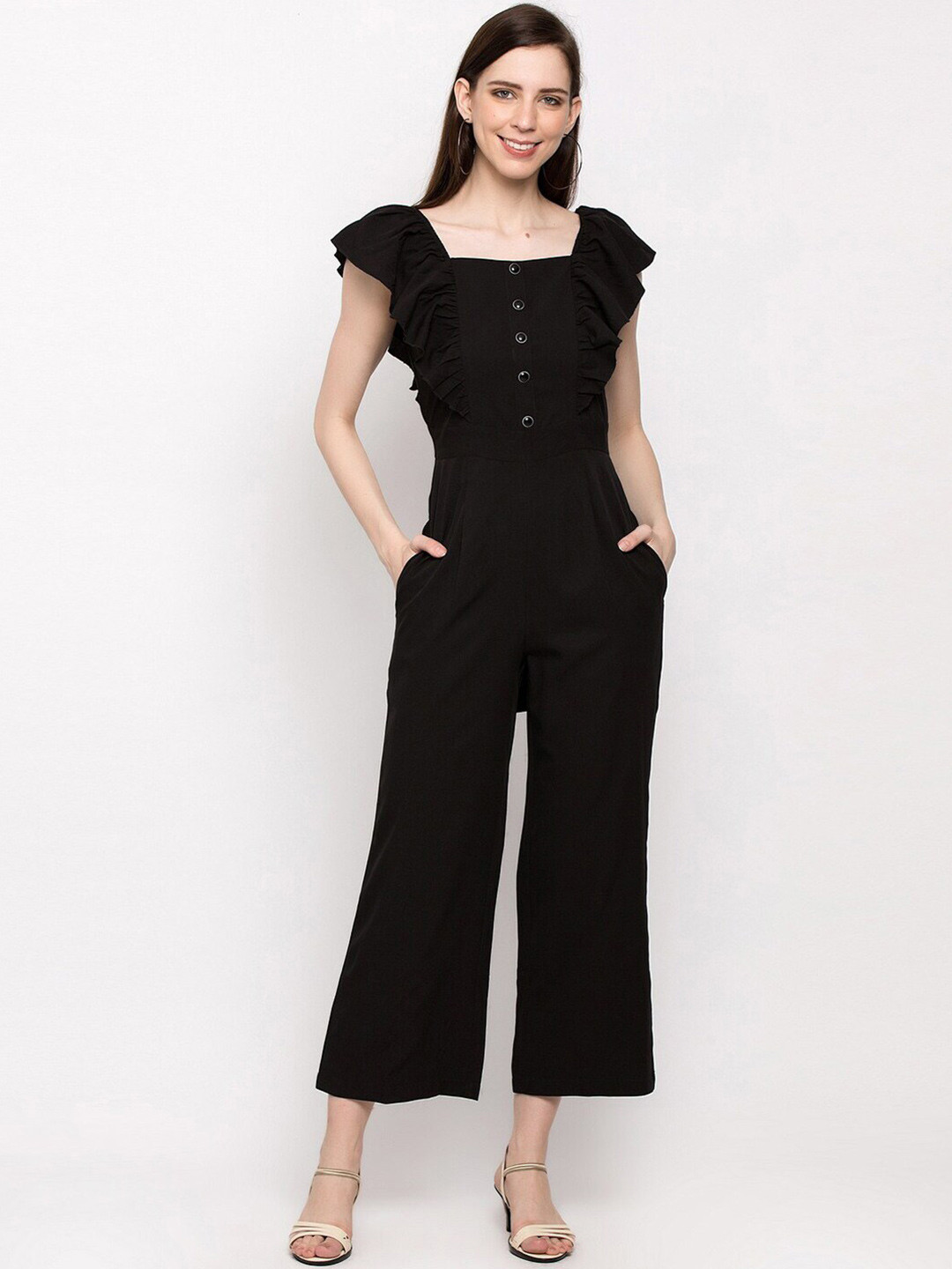 

Slenor Square Neck Ruffled Basic Jumpsuit, Black