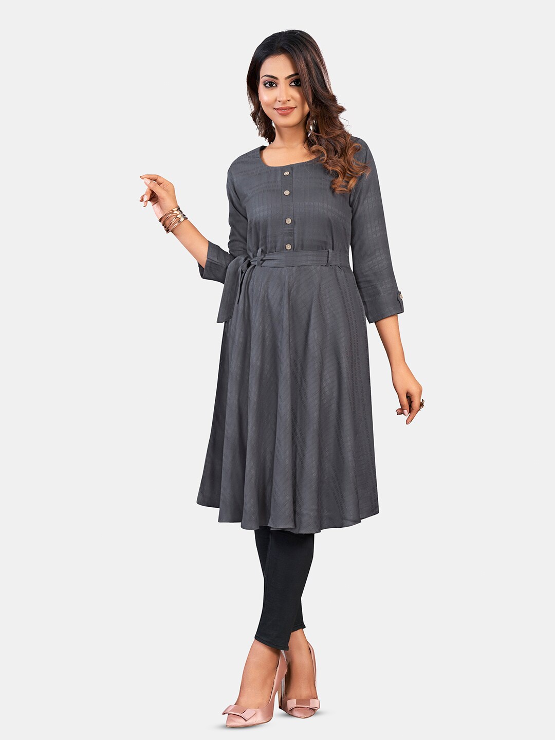

GRANTH FASHION Self Design Round Neck Tunic, Grey