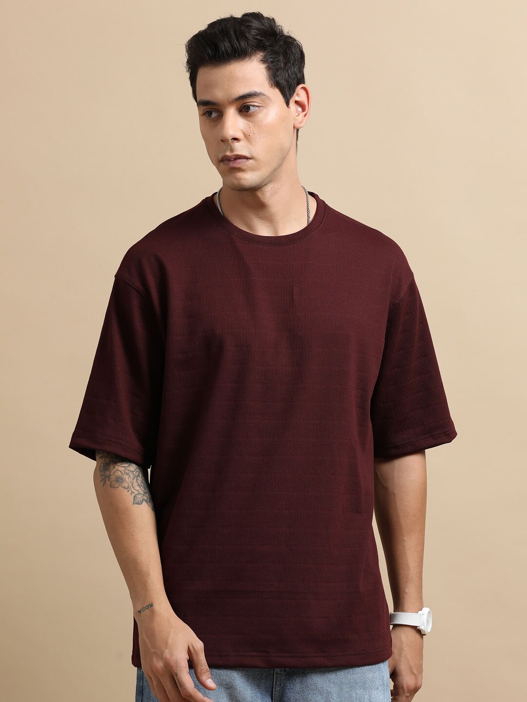 

Bushirt Round Neck Short Sleeves Oversized T-shirt, Maroon