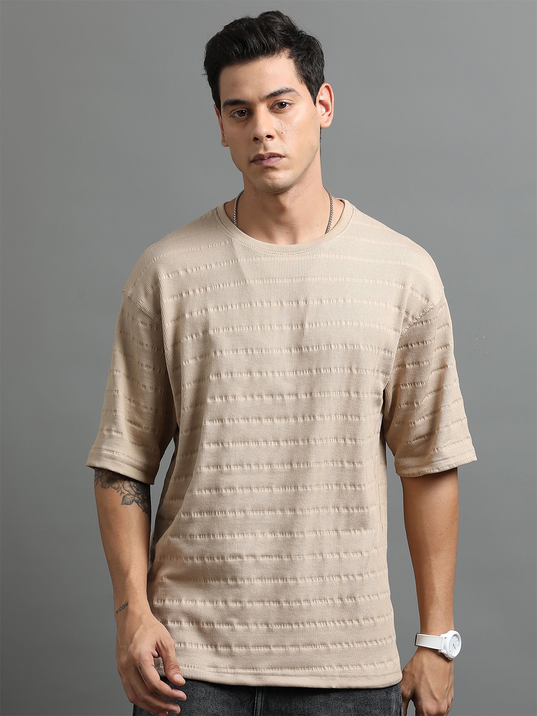 

Bushirt Self Design Round Neck Short Sleeves Oversized T-shirt, Beige