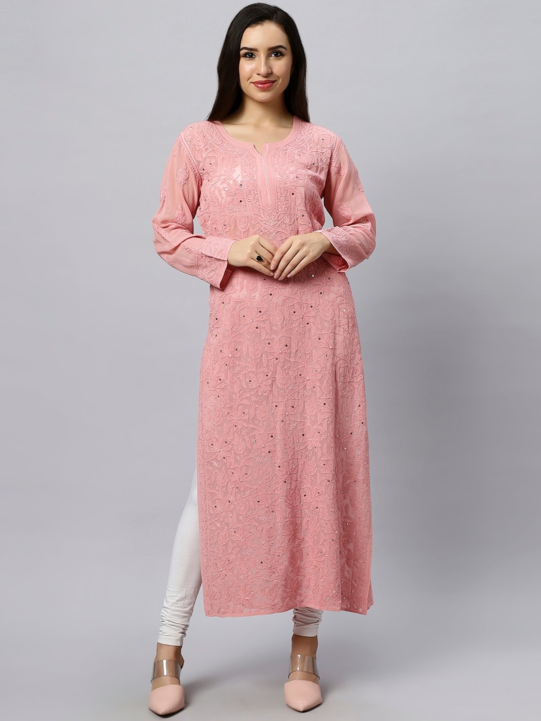 

Arsal Clothing Ethnic Motifs Embroidered Round Neck Long Sleeves Linen Kurta, Pink