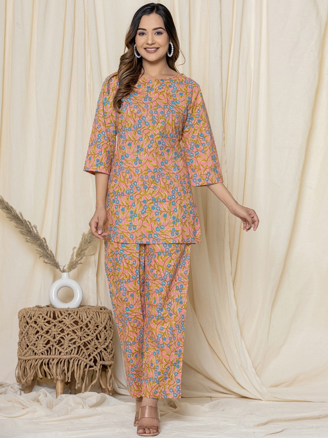 

Krati Creations Printed Pure Cotton Tunic With Trousers Co-Ords, Pink