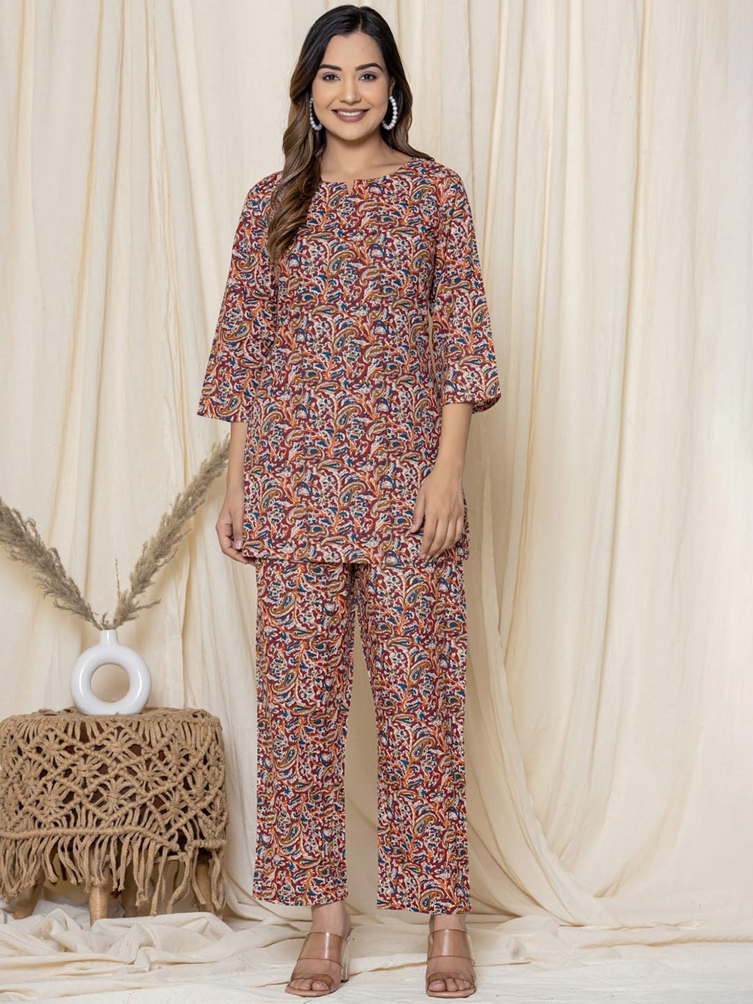 

Krati Creations Printed Pure Cotton Tunic With Trousers Co-Ords, Maroon