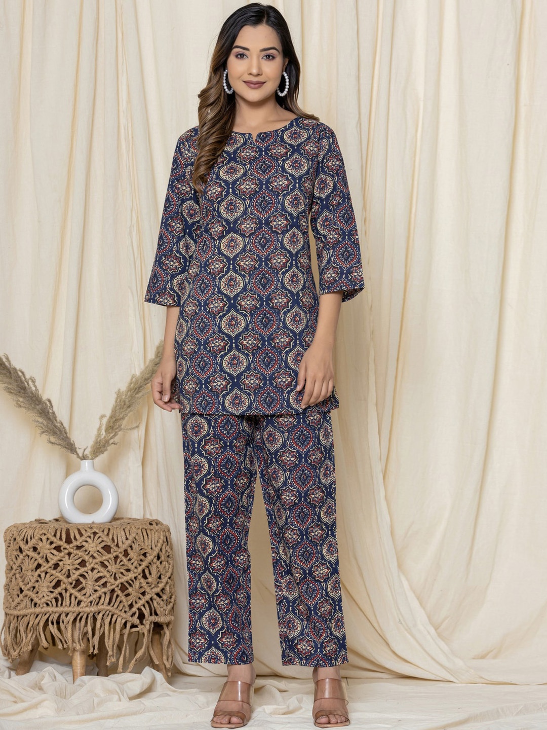 

Krati Creations Printed Pure Cotton Tunic With Trousers Co-Ords, Navy blue