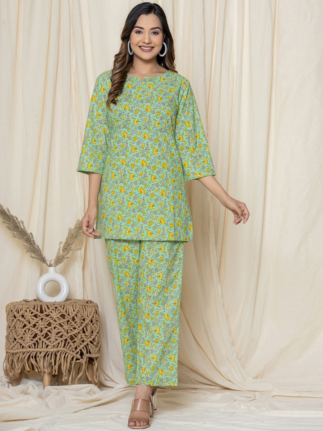 

Krati Creations Printed Cotton Tunic With Trousers, Green