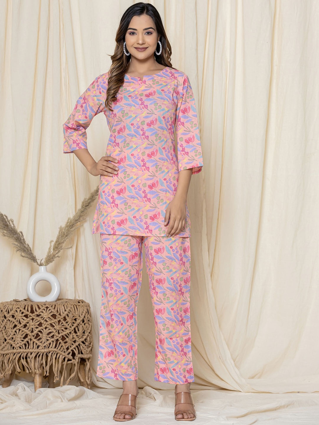 

Krati Creations Printed Pure Cotton Top With Trousers Co-Ords, Peach