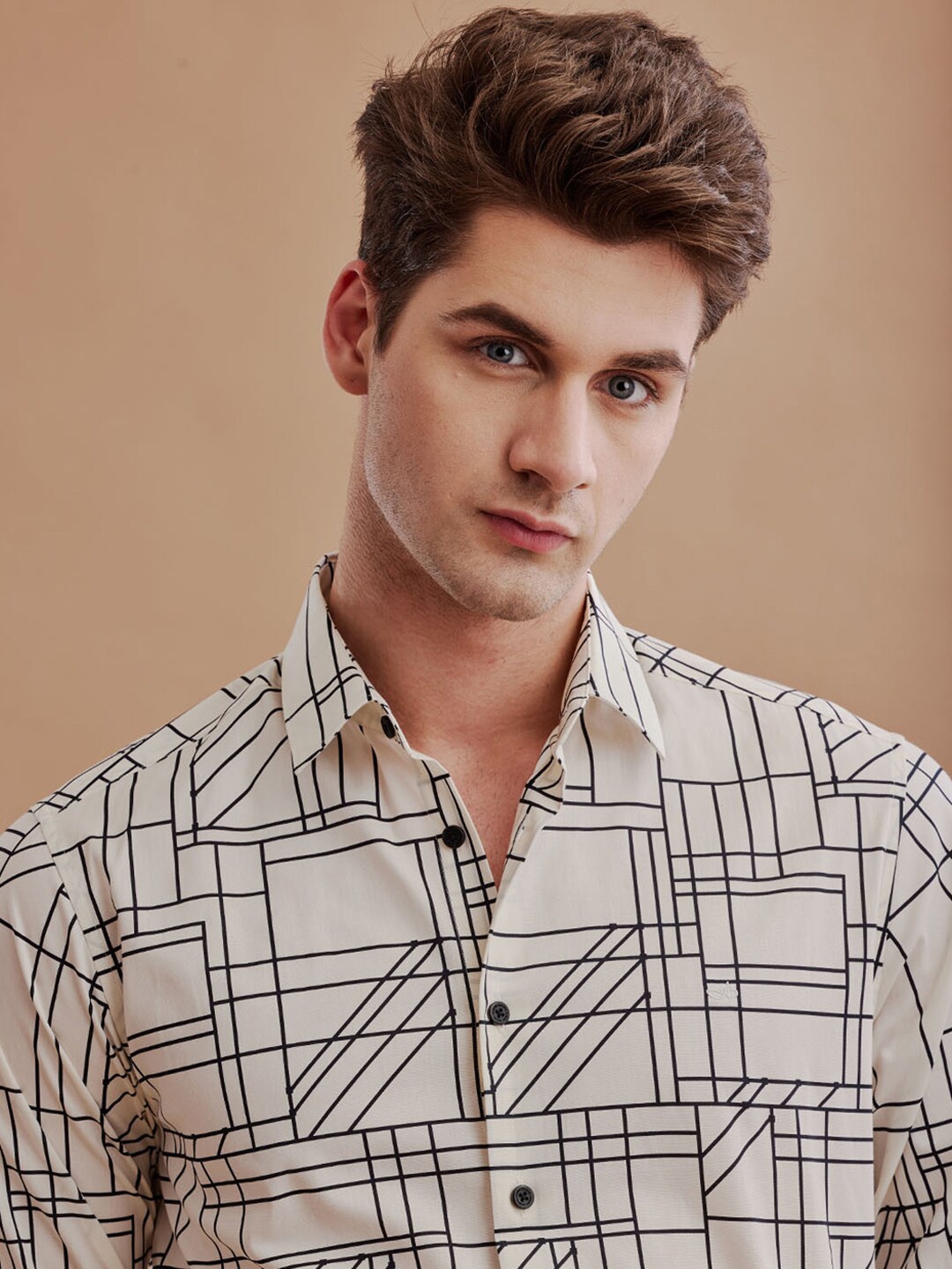 

Aldeno Comfort Geometric Printed Spread Collar Long Sleeves Cotton Casual Shirt, White