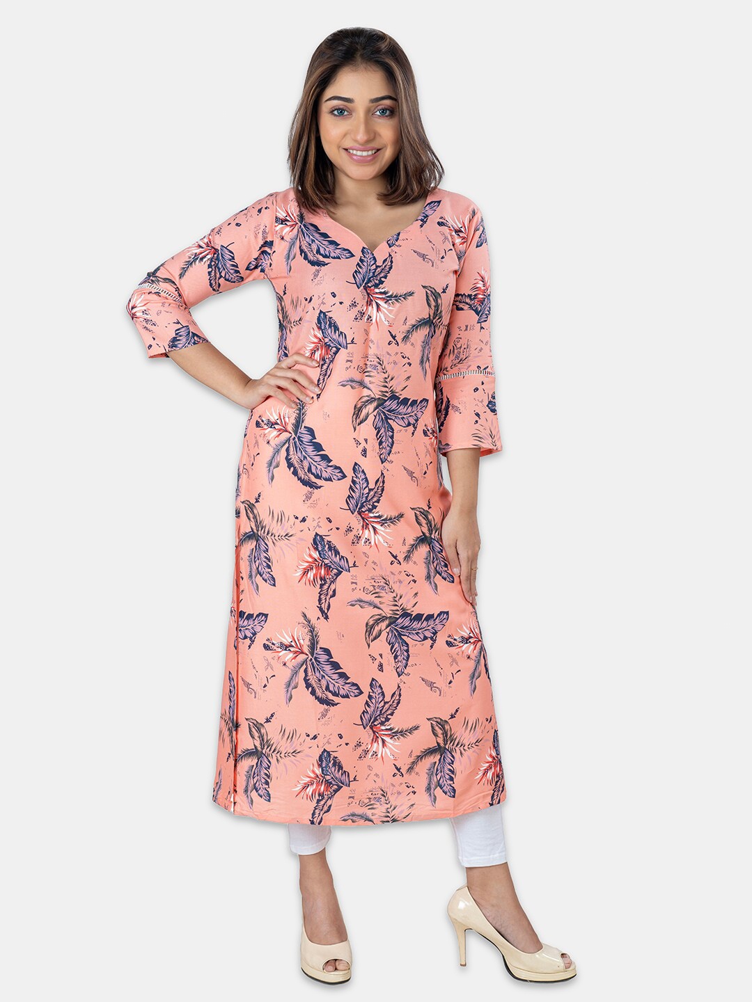 

GRANTH FASHION Floral Printed V-Neck Cotton Straight Kurta, Pink