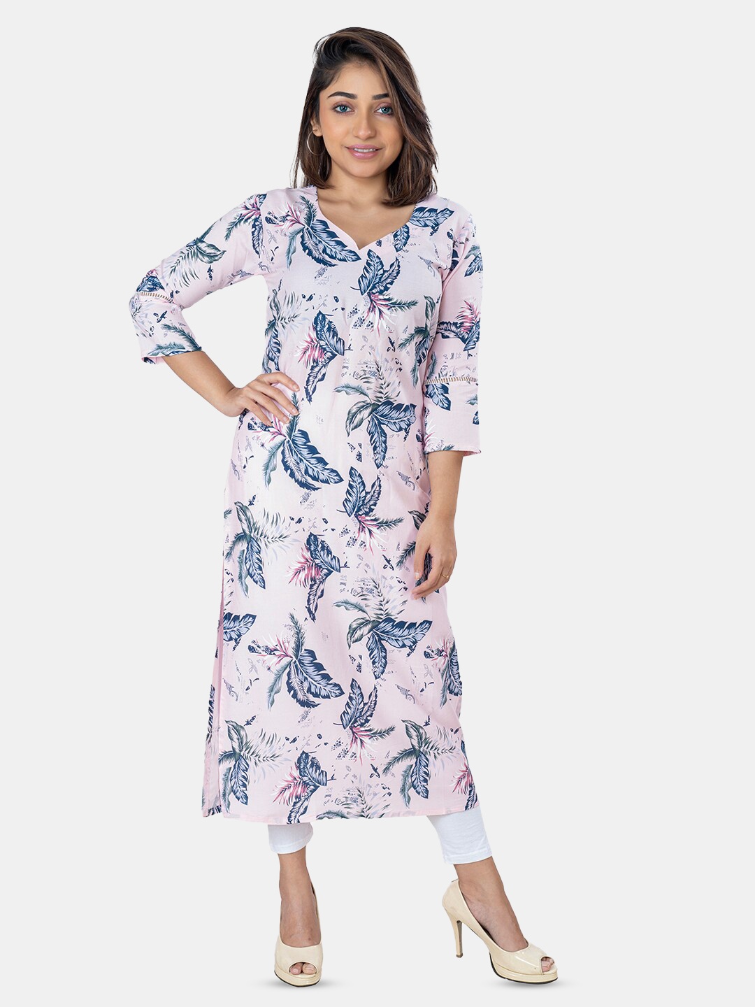 

GRANTH FASHION Floral Printed V-Neck Cotton Straight Kurta, Pink