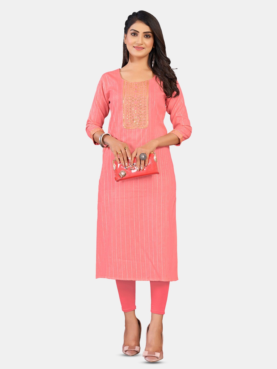 

GRANTH FASHION Striped Embroidered Round Neck Straight Kurta, Pink