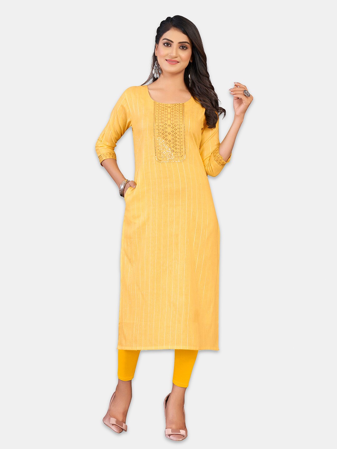 

GRANTH FASHION Striped Printed Round Neck Cotton Straight Kurta, Yellow