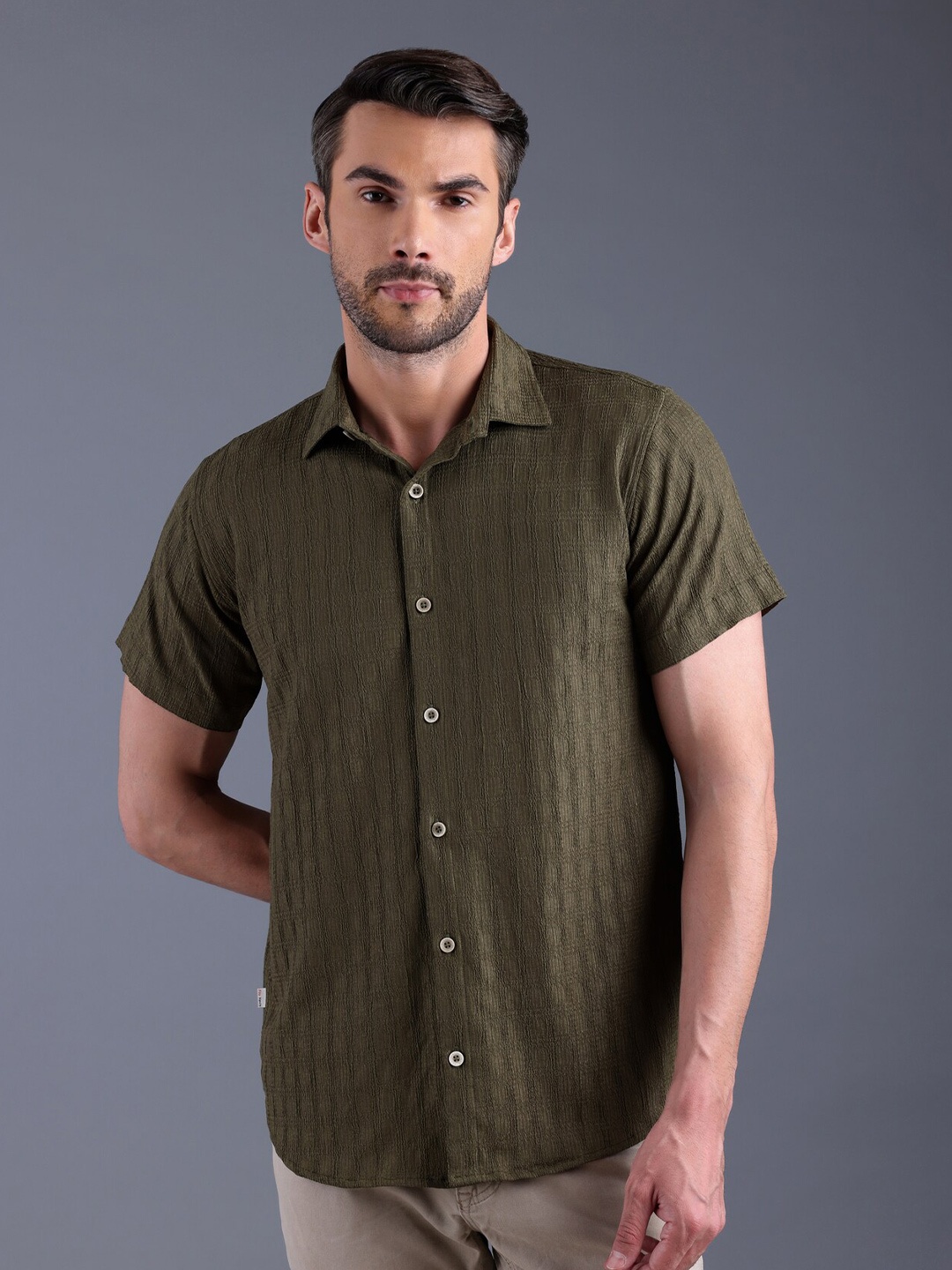 

FILO HEVIS Checks Self Design Spread Collar Classic Regular Fit Casual Shirt, Olive