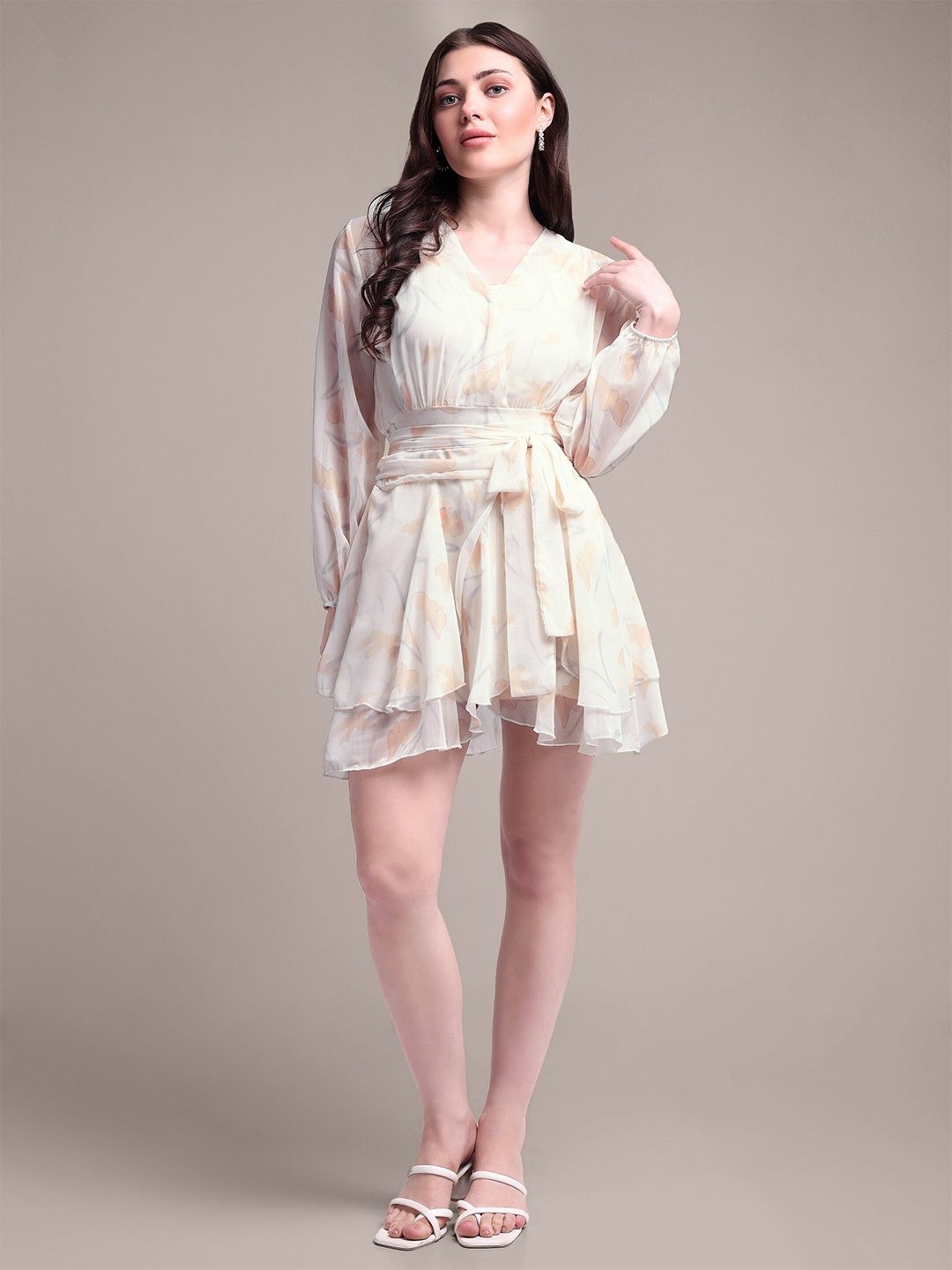 

iki chic Off White Floral Puff Sleeves Layered Chiffon Fit & Flare Dress