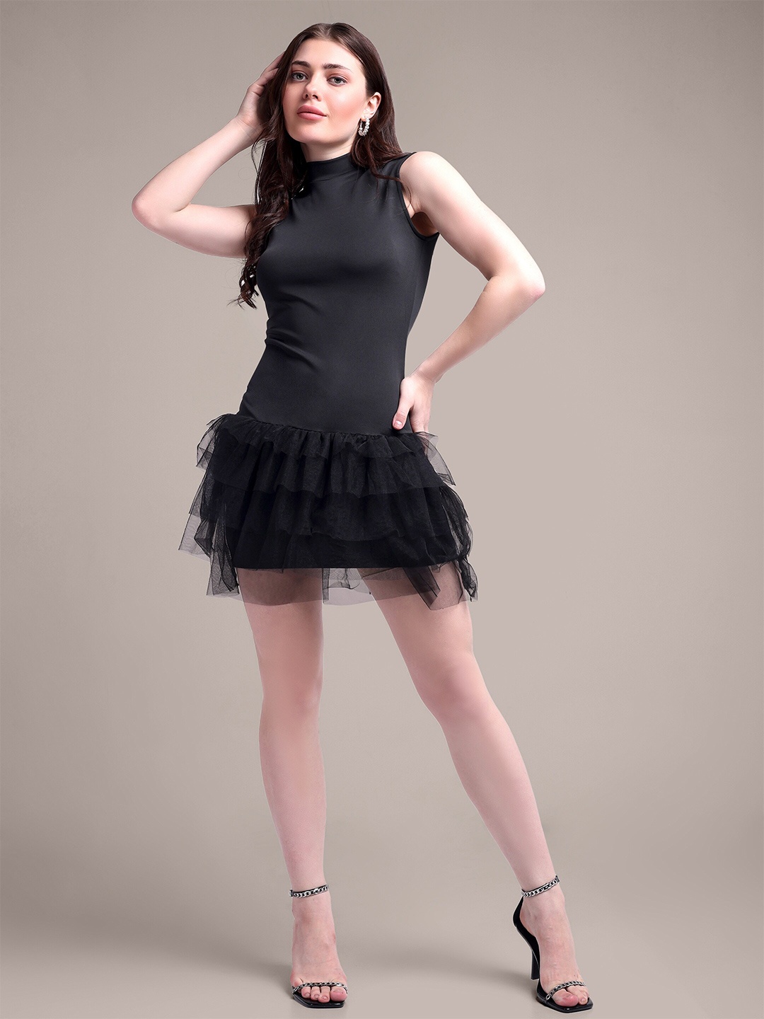 

iki chic Black High Neck Tulle Sheath Mini Dress