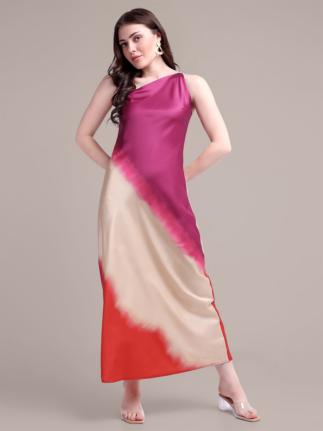 

iki chic Pink & Beige Dyed One Shoulder Maxi Dress