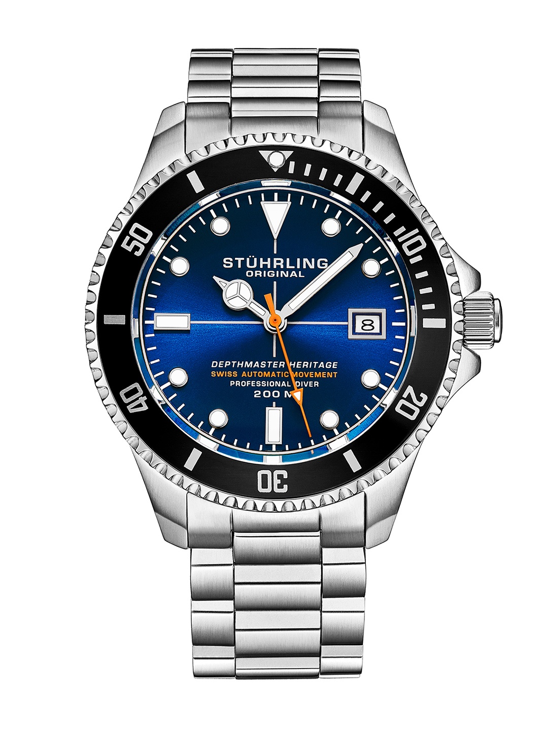 

STUHRLING ORIGINAL Aquadiver Men Bracelet Style Straps Analogue Automatic Motion Watch, Silver