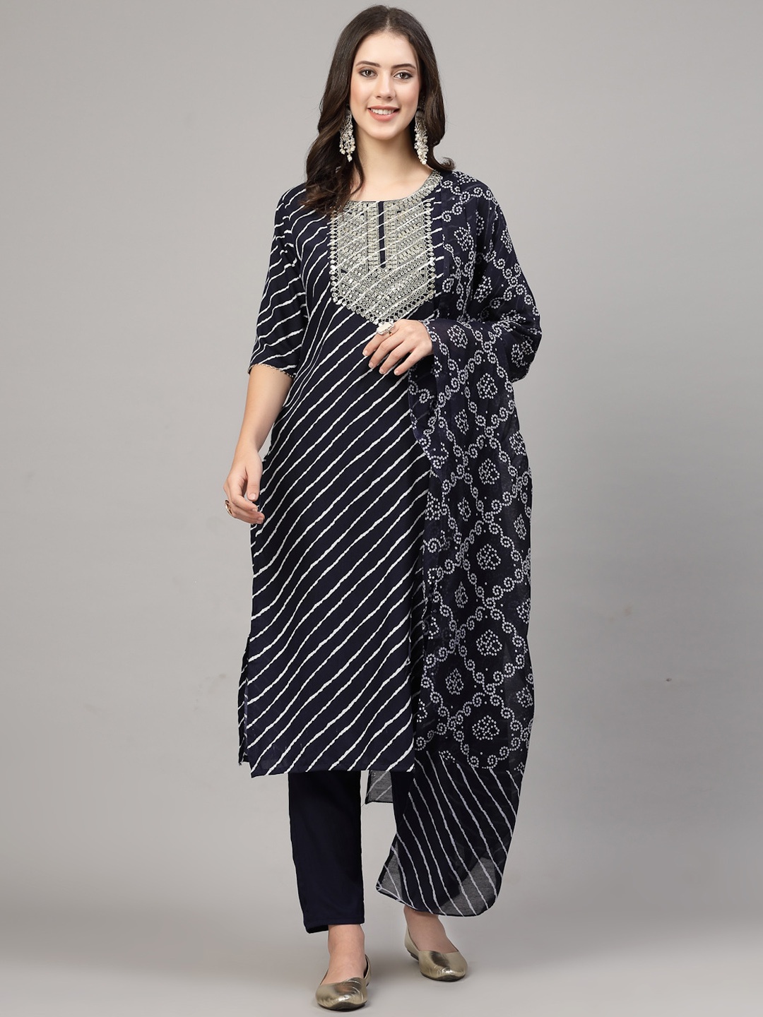 

BAESD Leheriya Embroidered Gotta Patti Straight Kurta With Trousers & Dupatta, Navy blue