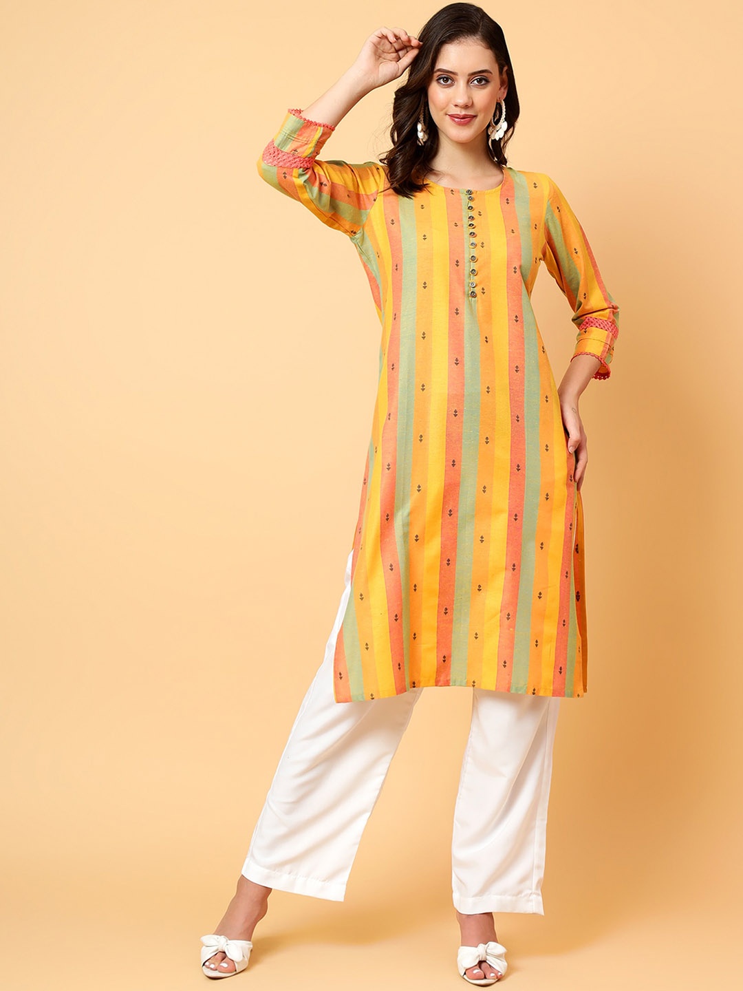 

Bani Women Striped Round Neck Three-Quarter Sleeves Straight Kurta, Mustard