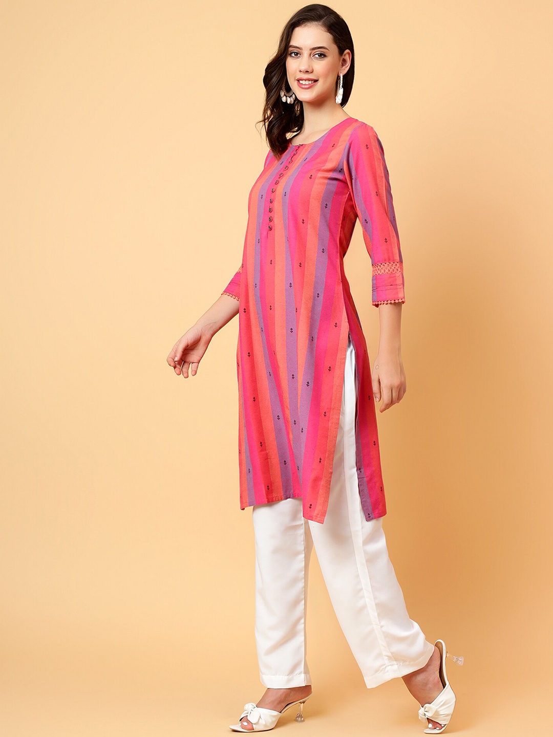 

Bani Women Striped Round Neck Three-Quarter Sleeves Straight Kurta, Red